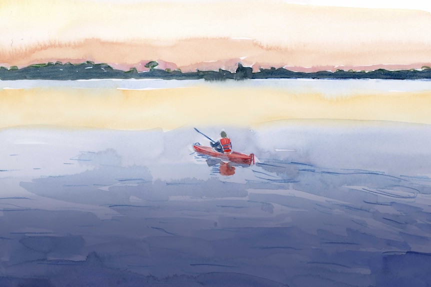 Illustration of a woman kayaking on a lake, surrounded by nature.