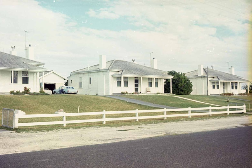 Three identical weatherboard cottage stand metres apart on a grassy lawn.