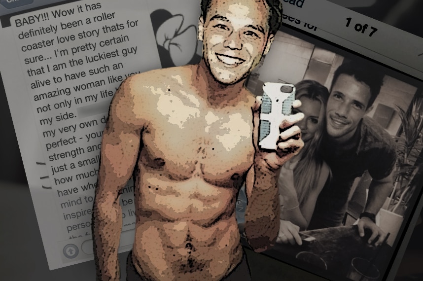 A collage of messages and images including a bare-chested image of celebrity Lincoln Lewis taking a selfie.