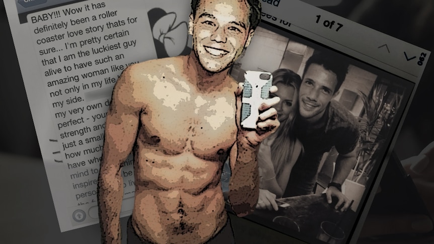A collage of messages and images including a bare-chested image of celebrity Lincoln Lewis taking a selfie.