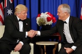 Donald Trump and Malcolm Turnbull shake hands in New York