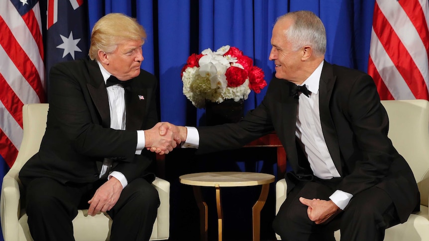 Donald Trump and Malcolm Turnbull shake hands in New York