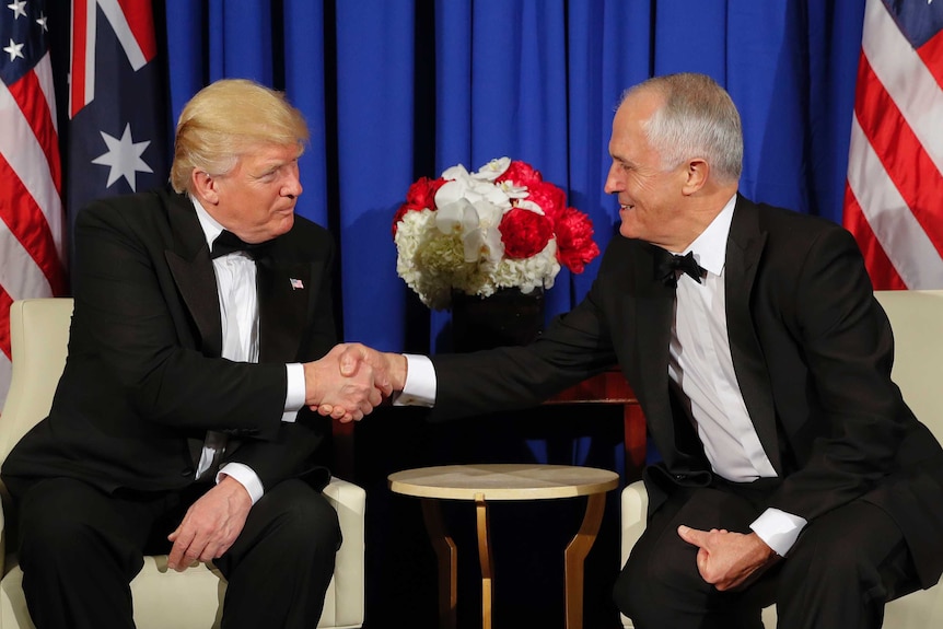 Donald Trump and Malcolm Turnbull shake hands in New York