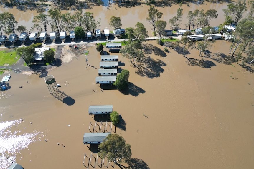An aerial shot of a flooded caravan park