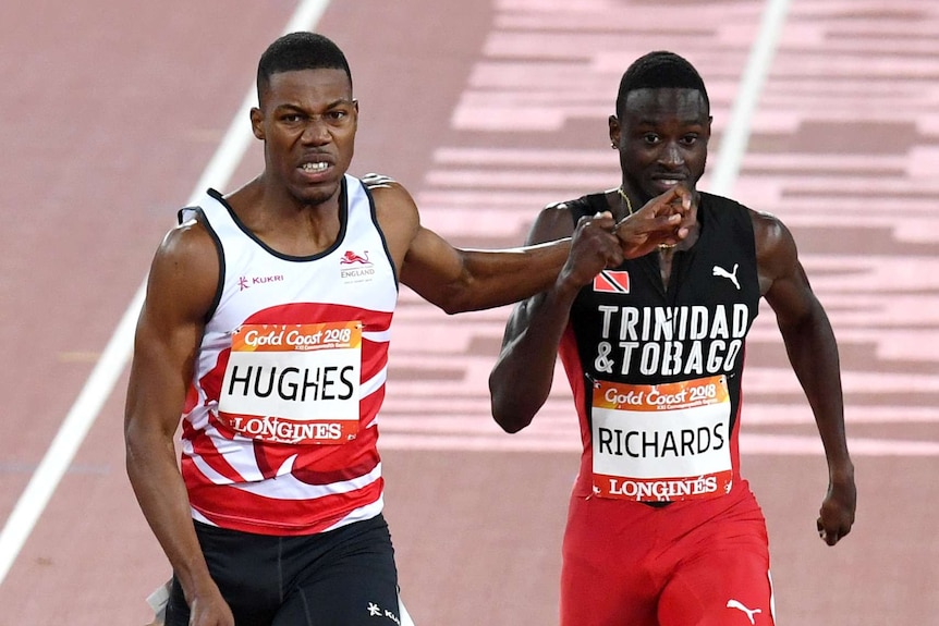 Zharnel Hughes of England and Jareem Ruichards of Trinidad and Tobago during the Men's 200m Final.