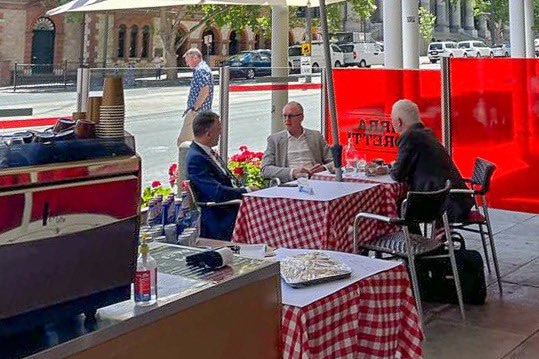 Former South African Prime Minister Jay Weatherill meets opposition leader Peter Malinauskas and former Labor MP John Rau.