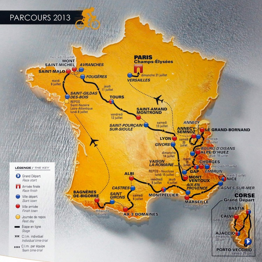The route for the 100th edition of the Tour between June 29 to July 21, which will start in Corsica for the first time.