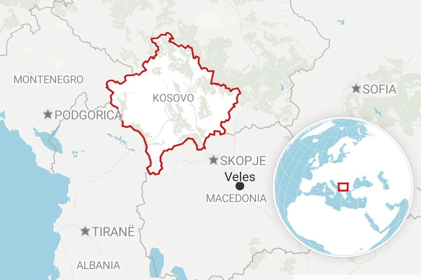 A map of the Balkans showing Kosovo and the town of Veles in Macedonia.
