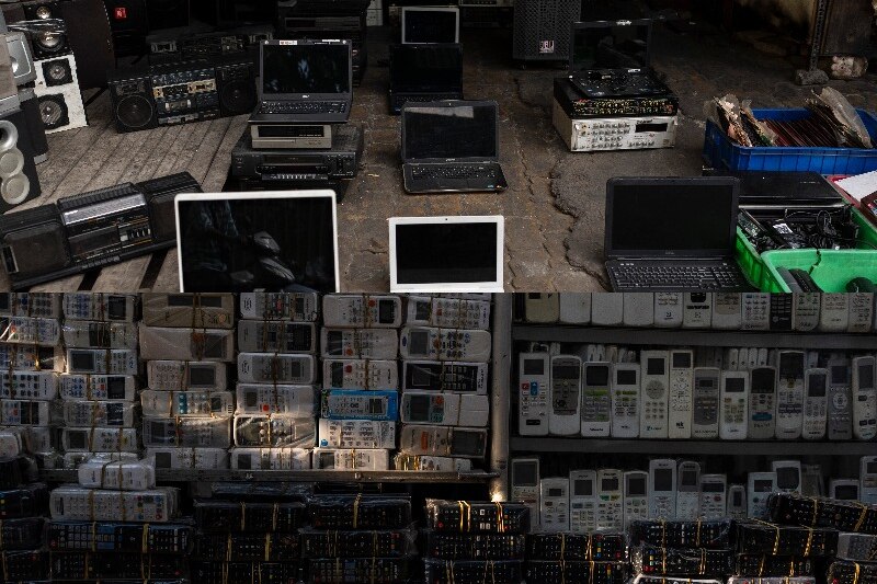 Two images of dead electronic devices being sold at Nhat Tao market.