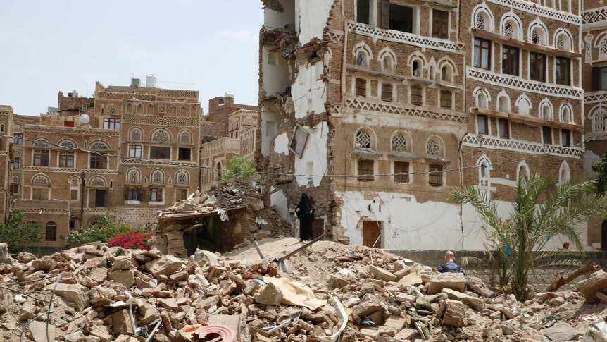 Rubble after an explosion in Sana'a, Yemen