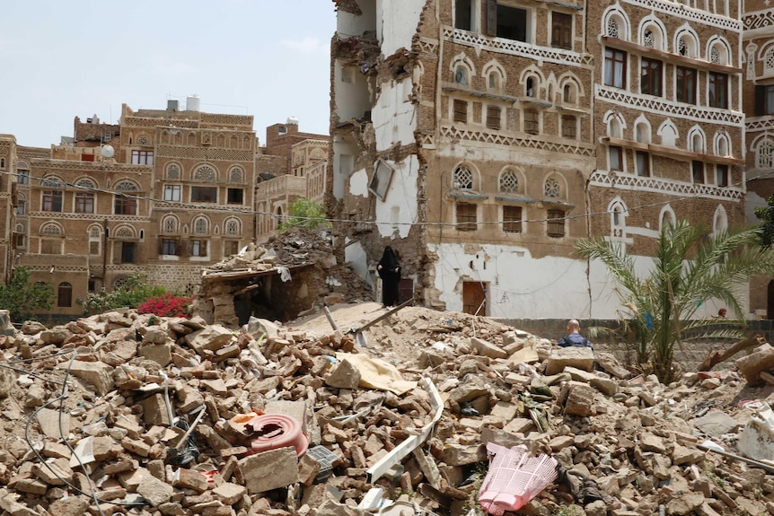 Rubble after an explosion in Sana'a, Yemen