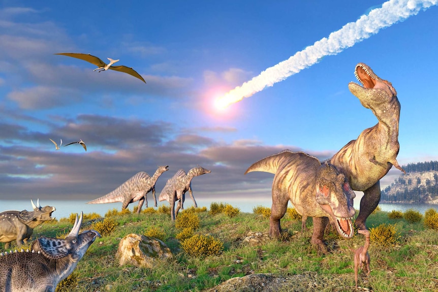 A ten-kilometre-wide asteroid or comet is entering the Earths atmosphere as dinosaurs, including T. rex, look on.