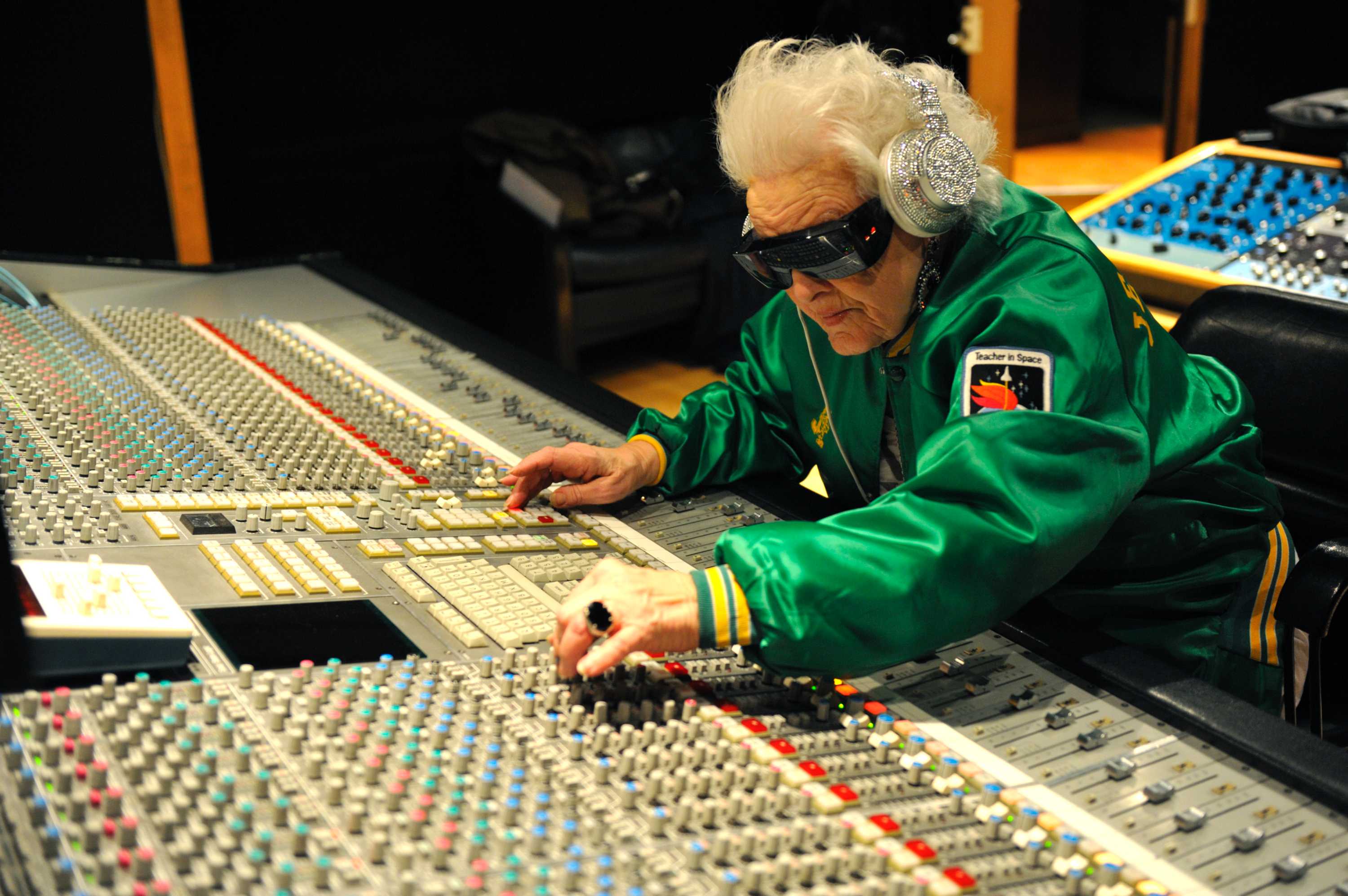 British DJ Ruth Flowers, 69 year-old, mixes music at a recording studio