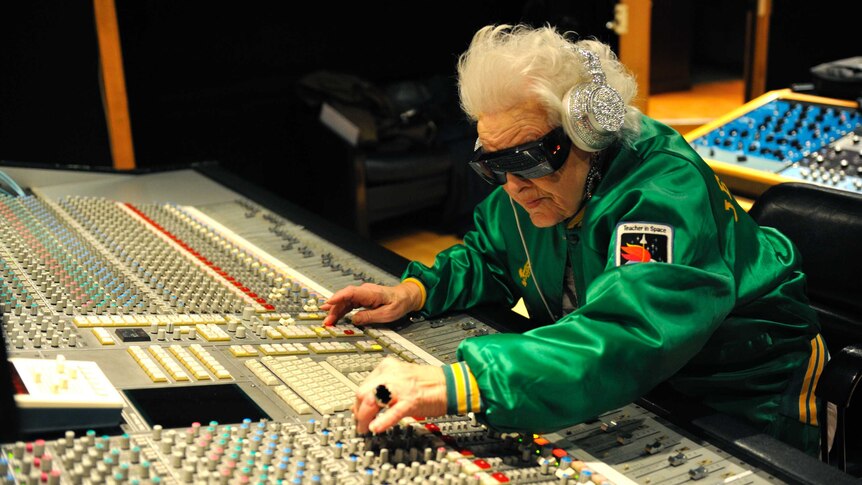 British DJ Ruth Flowers, 69 year-old, mixes music at a recording studio