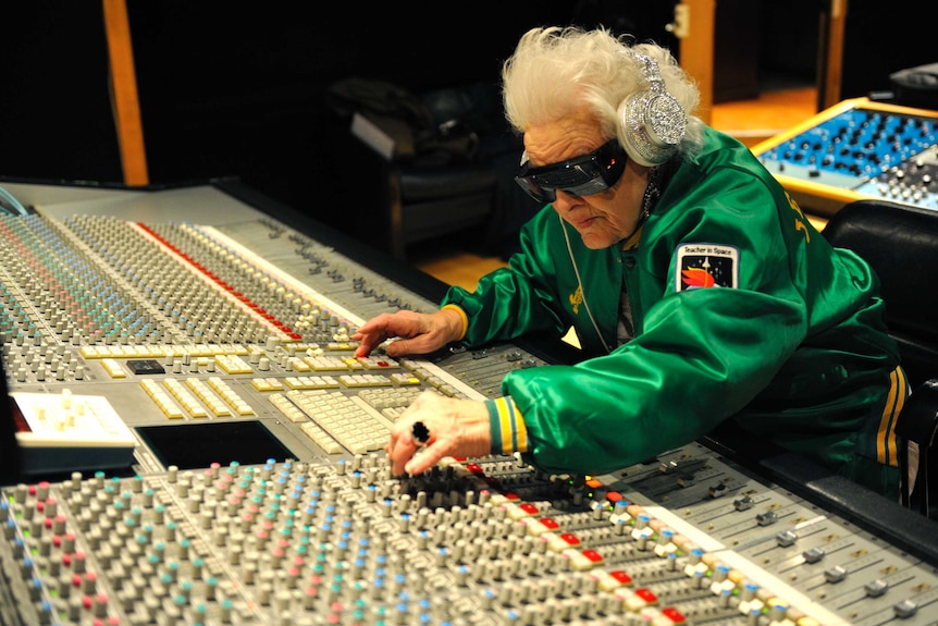 British DJ Ruth Flowers, 69 year-old, mixes music at a recording studio