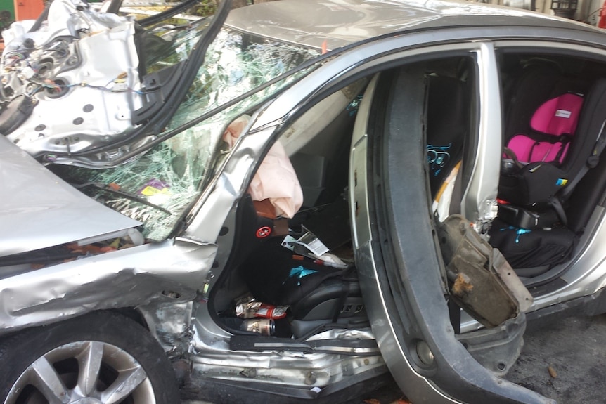 A severely damaged car after a crash