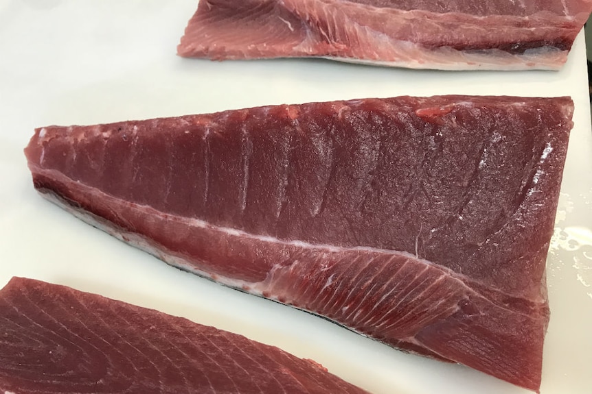 Close up of sliced tuna pieces.