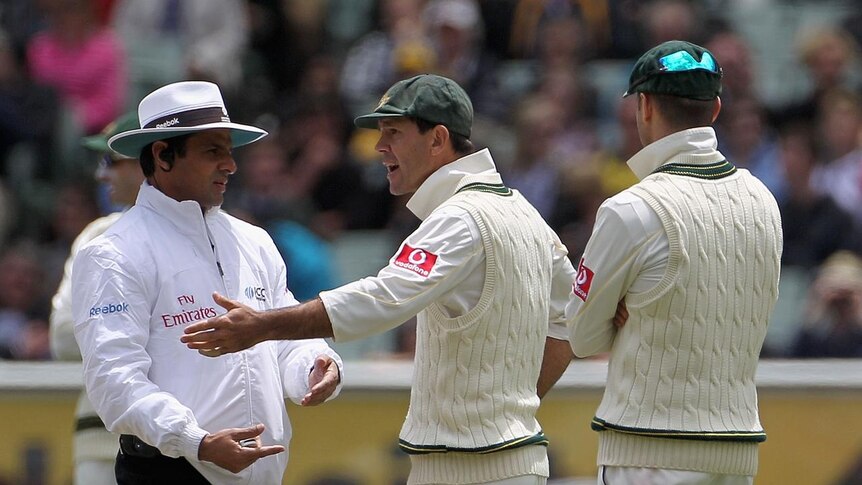 Captain cranky: Ricky Ponting argues with umpire Aleem Dar after a referral against Kevin Pietersen was given not out.