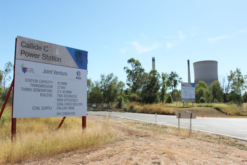 Sign outside Callide C power station near Biloela in central Queensland.