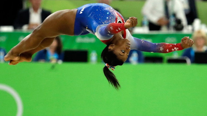 US gymnast Simone Biles performs her floor routine during the Rio Olympics women's apparatus final.