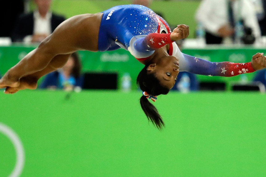 US gymnast Simone Biles performs her floor routine during the Rio Olympics women's apparatus final.