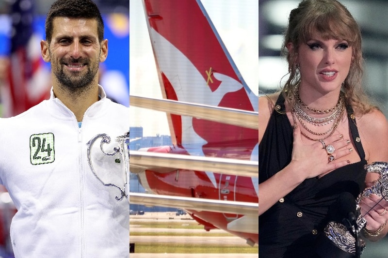 A composite picture of Novak Djokovic holding a trophy, the tails of Qantas airliners and Taylor Swift holding a trophy.