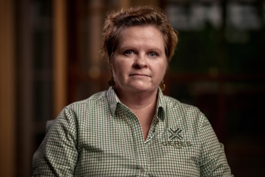 A woman with brown hair wearing a checkered green shirt sits with brown wooden room behind her