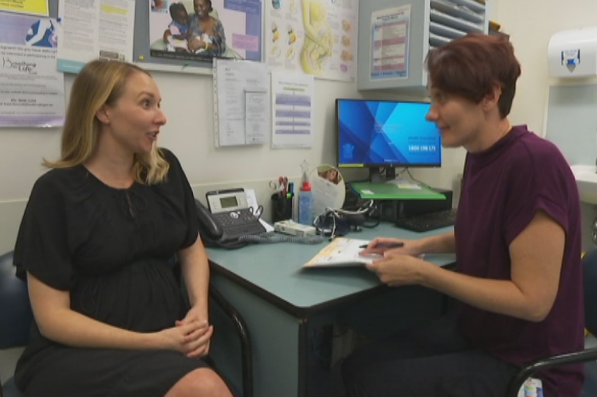 First time mother-to-be Meghan Pollock speaks to her midwife in December 2016.