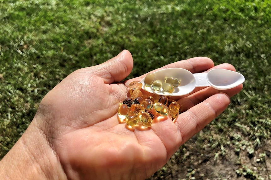 A person holds out their hand with capsules of vitamins.