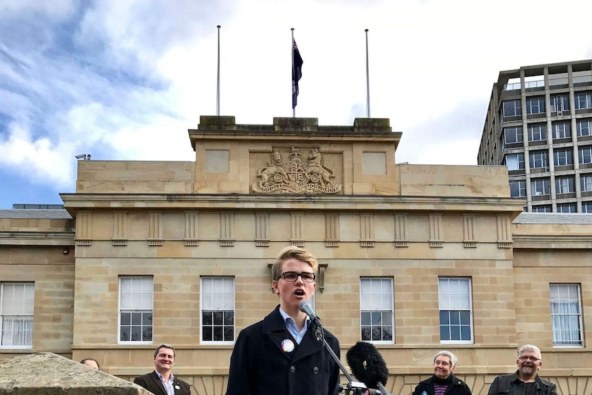 Sam Watson speaking at a rally.