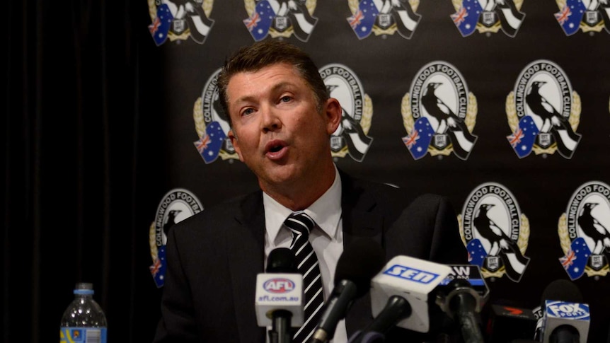 Collingwood Football Club CEO Gary Pert speaking at a press conference.