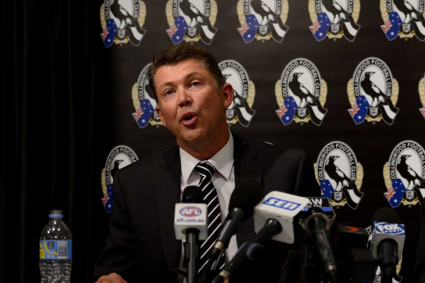 Collingwood Football Club CEO Gary Pert speaking at a press conference.