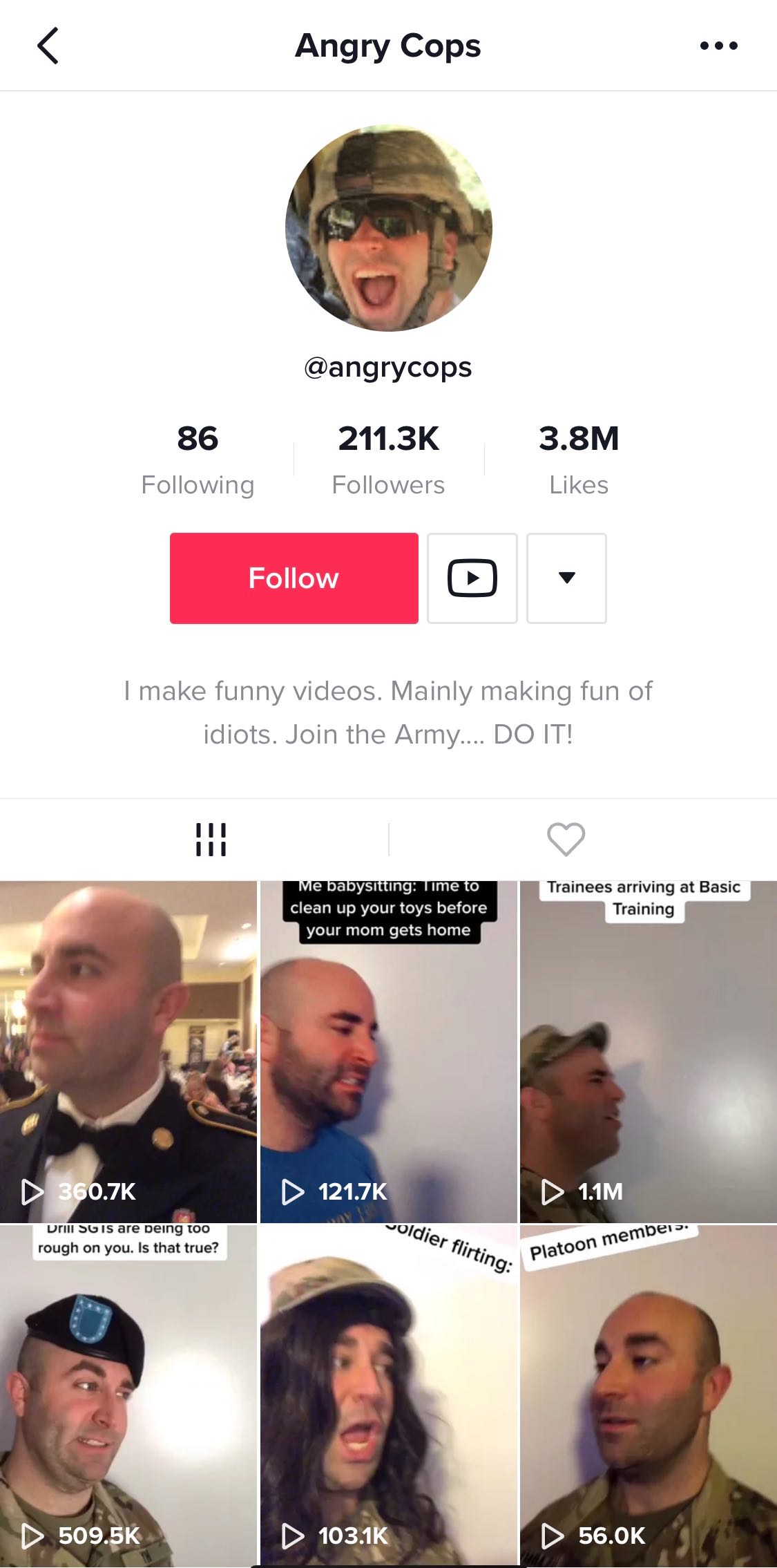 A screenshot of a TikTok account with images showing men in military uniform.