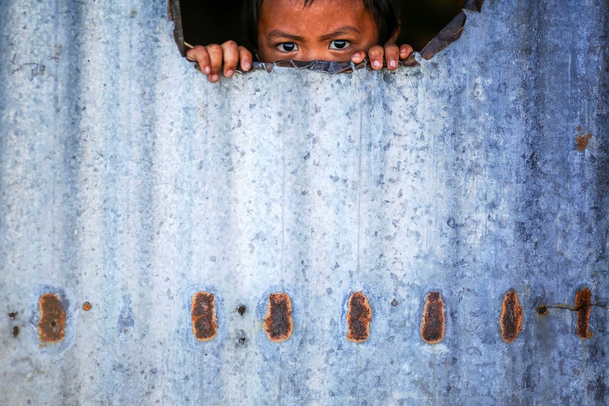 A little boy peers through a whole in the fence