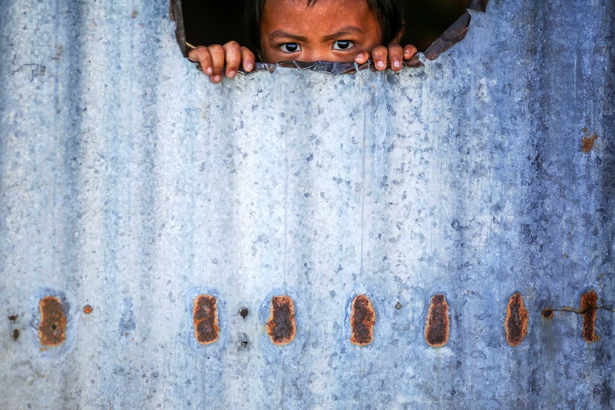 A little boy peers through a whole in the fence