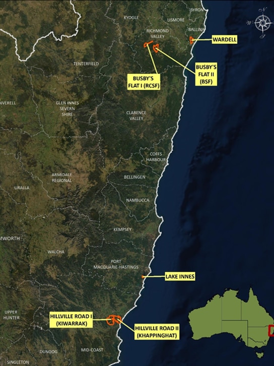 A map of northern NSW, with six sites pointed out.