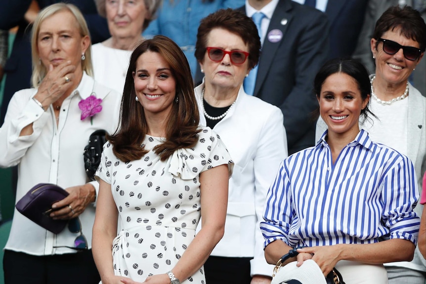 Kate, Duchess of Cambridge and Meghan, Duchess of Sussex, watch women's singles final at Wimbledon.