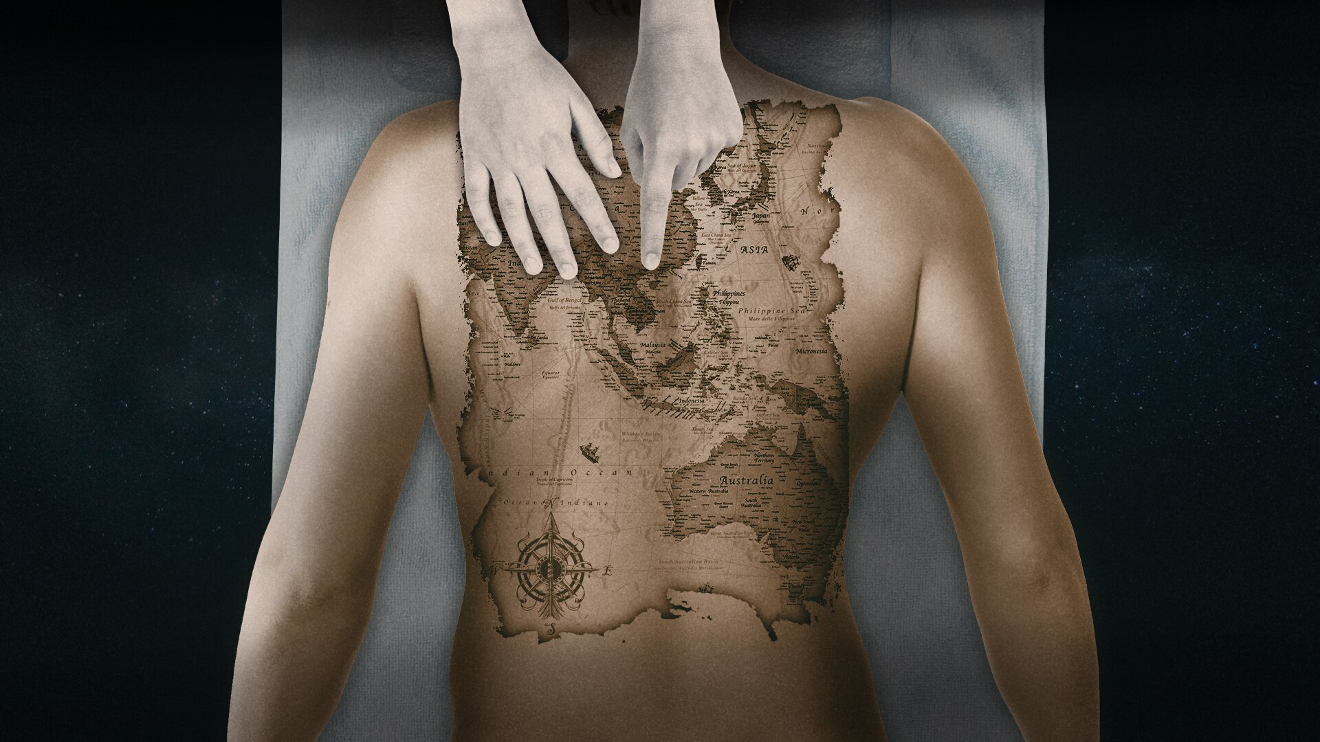 Graphic of someone's back with a map of the world on it.