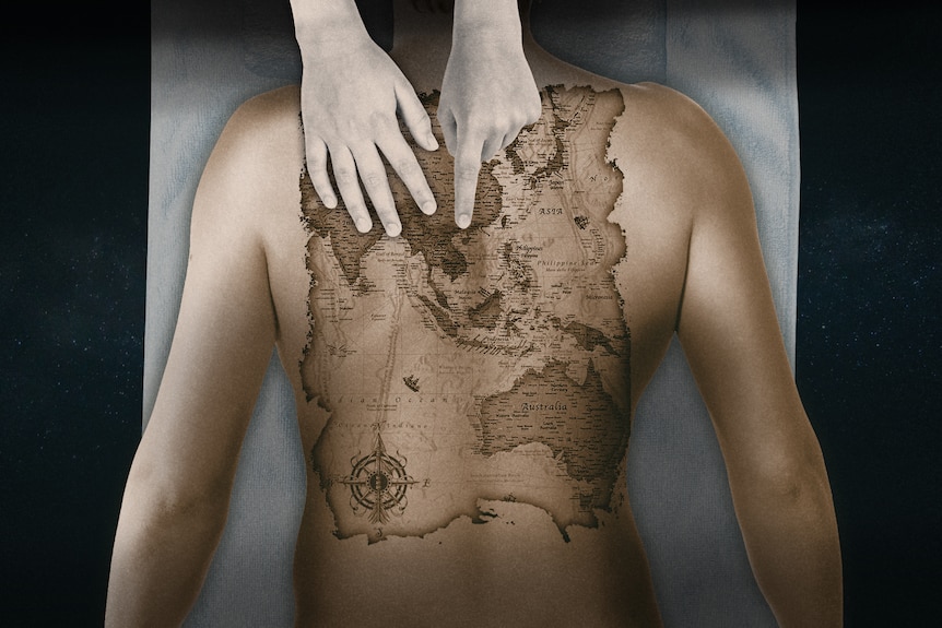 Graphic of someone's back with a map of the world on it.