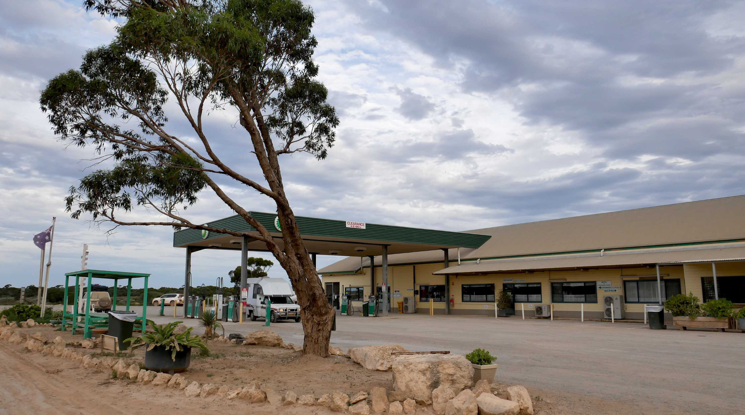 A roadhouse with petrol bowsers out the front with a single tree in the foreground.
