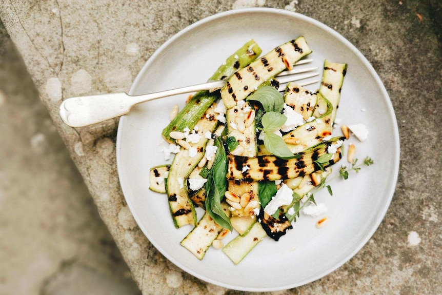 Grilled zucchini salad with feta and herbs recipe by Emiko Davies
