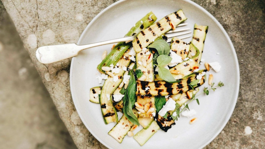 Grilled zucchini salad with feta and herbs recipe by Emiko Davies