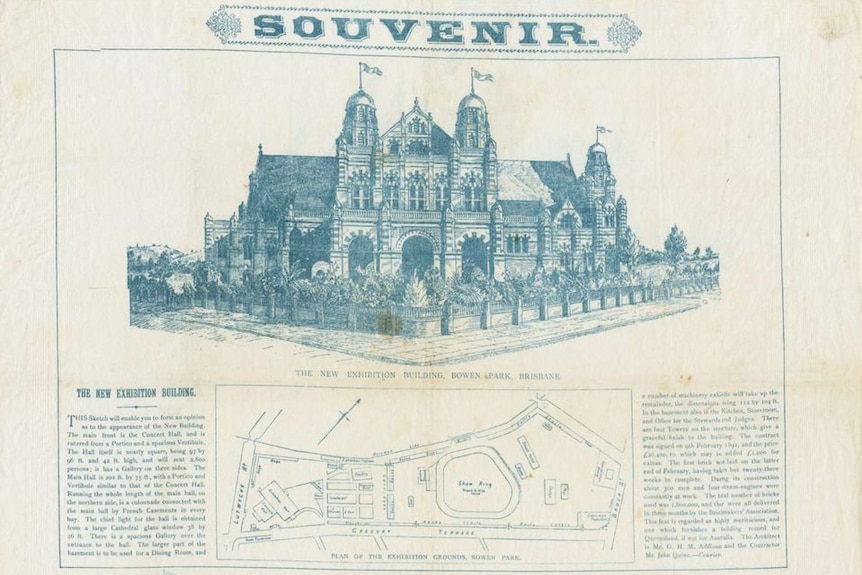 A souvenir photo of a large brick building.
