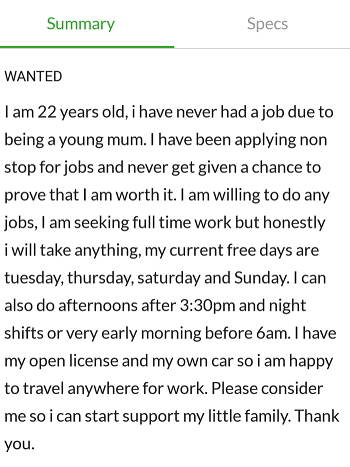 Jasmine Radovic's posting for a job to Gumtree.