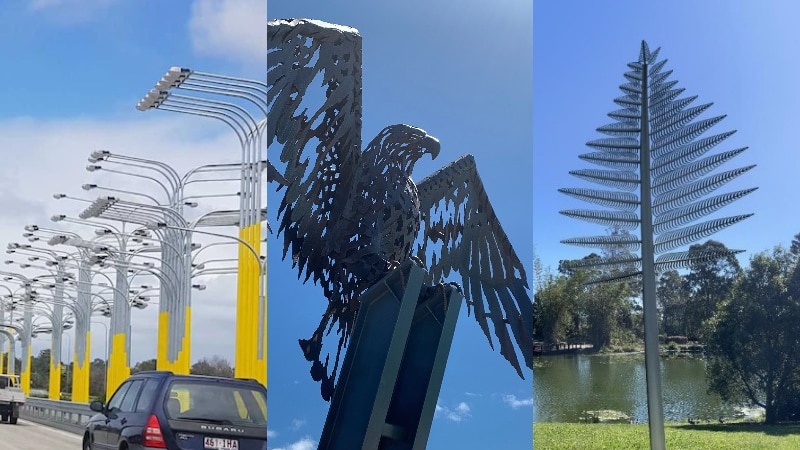A  composite pic featuring images of light posts, a large silver bird and a large silver fern