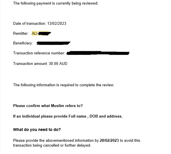 Screenshot of an email details the request from Westpac Group for more information