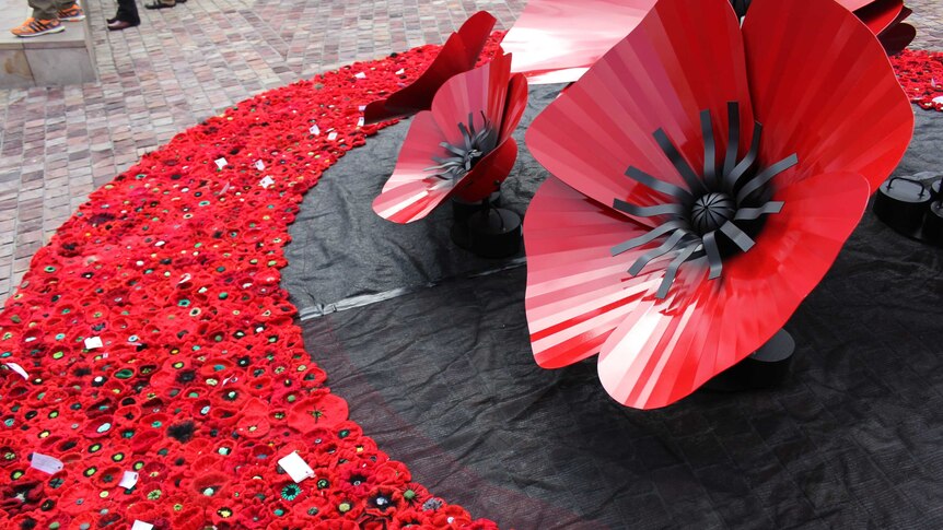 Hand-made poppies at Federation Square