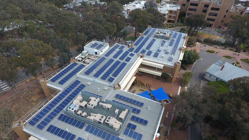 Aerial image of the flat roof of a large university building that is neatly covered with solar panels
