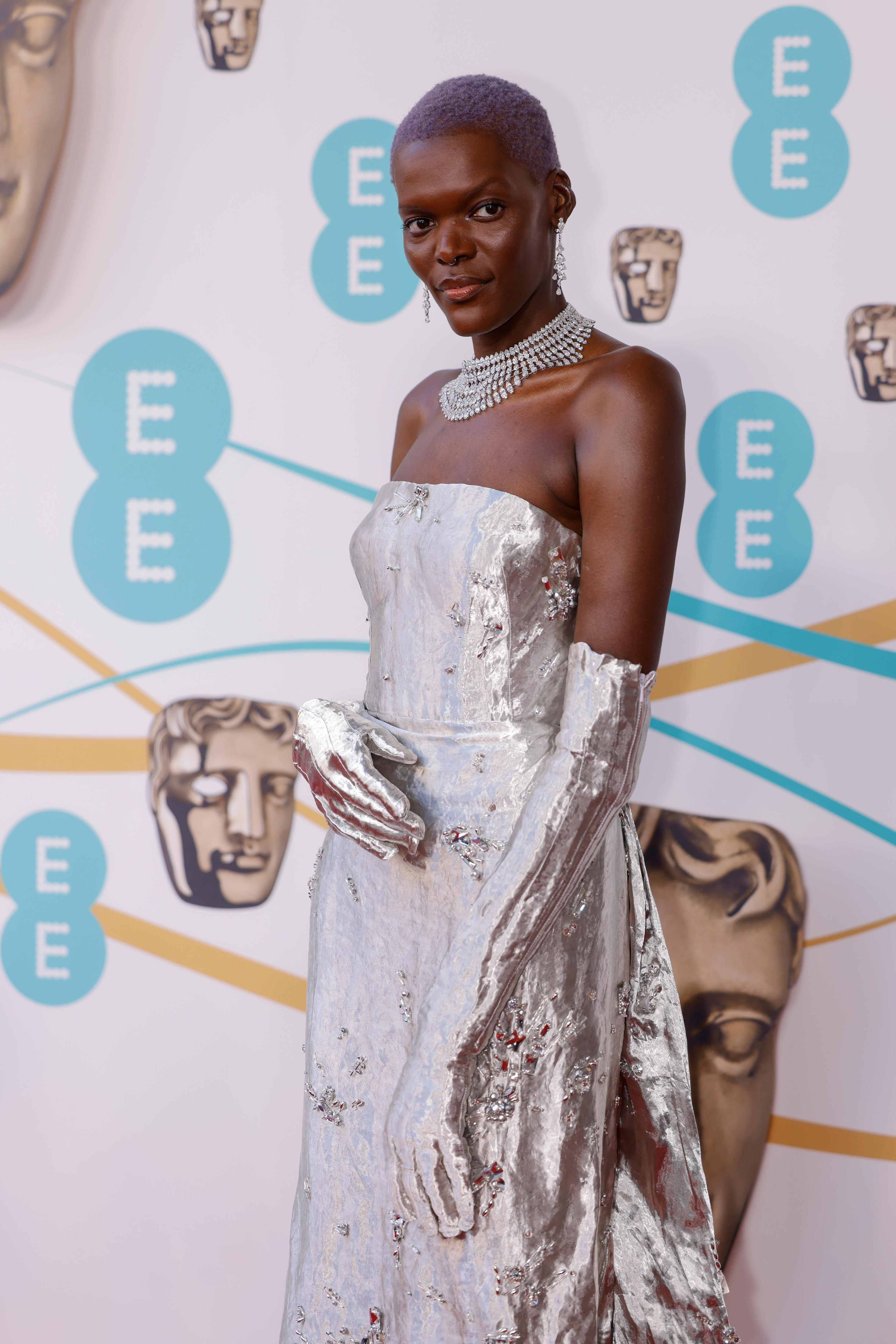 A woman wearing a silver dress poses on a red carpet