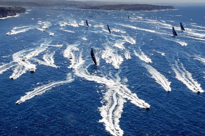 Black Jack leads the fleet out of Sydney Harbour on day one of the 2018 Sydney To Hobart yacht race.